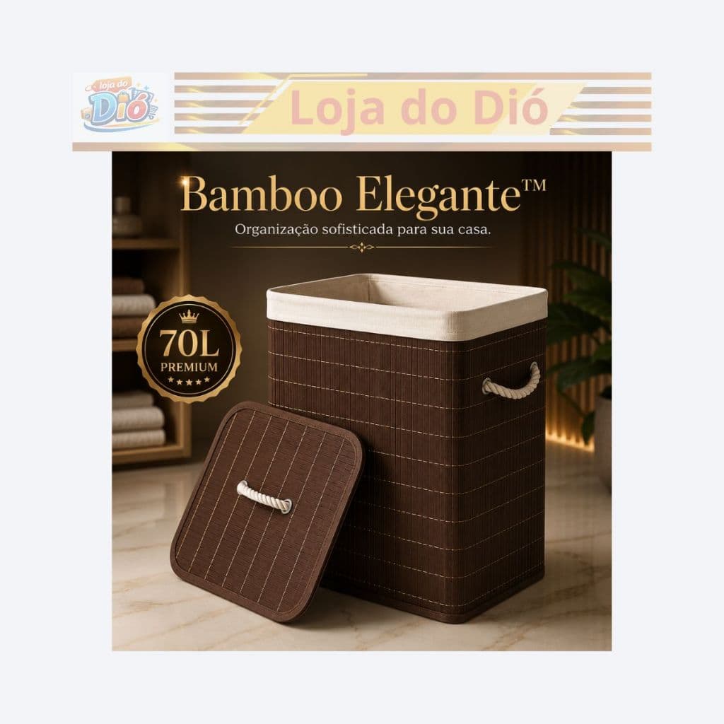 Cesto Organizador Bambu Elegante Grande Tampa Alcas 70 Litro Duravel Resistente Armazenamento Marrom
