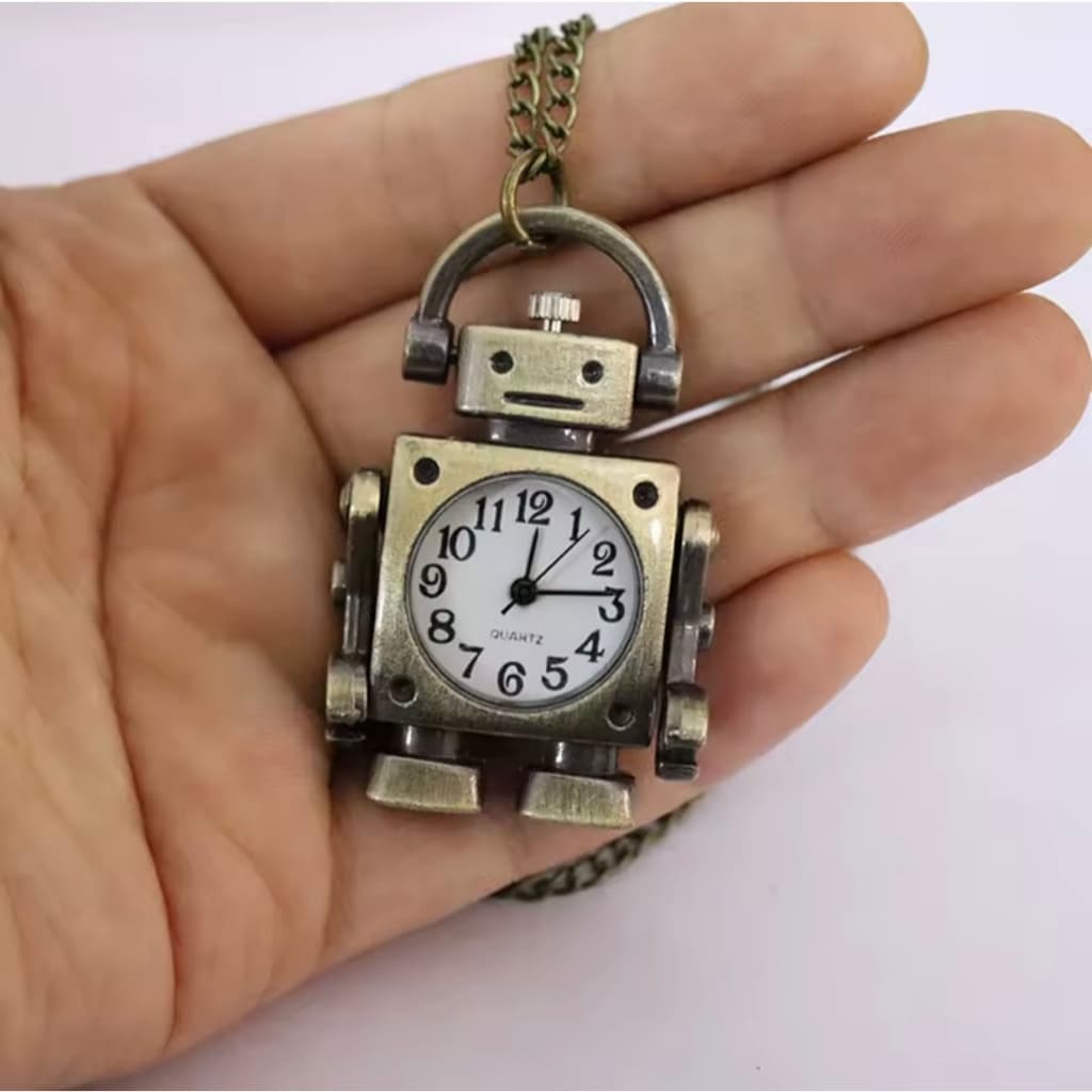 Relógio de Bolso Colar Robô Vintage Retrô Unissex com Corrente – Pingente Quartz Masculino Feminino