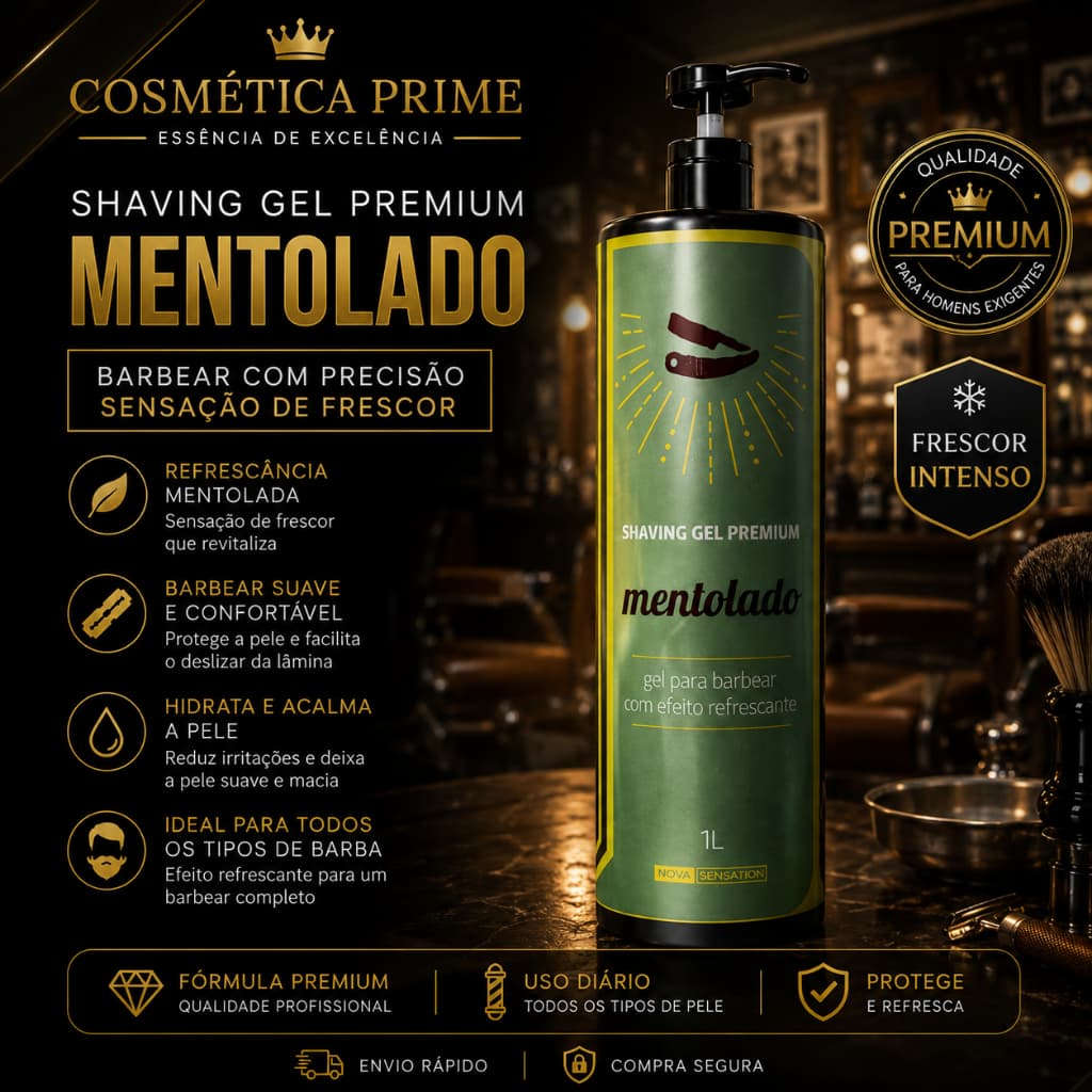 Shaving Gel Mentolado Barber Line 1L Refrescante Hidrata Protege e Facilita o Deslizamento