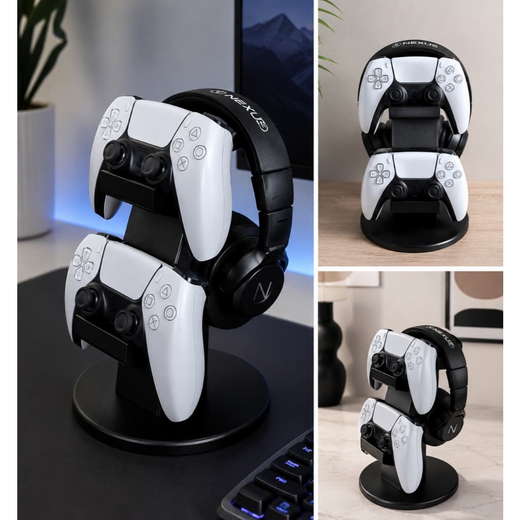 Suporte Gamer para Headset e 2 Controles – Organizador de Mesa para Setup