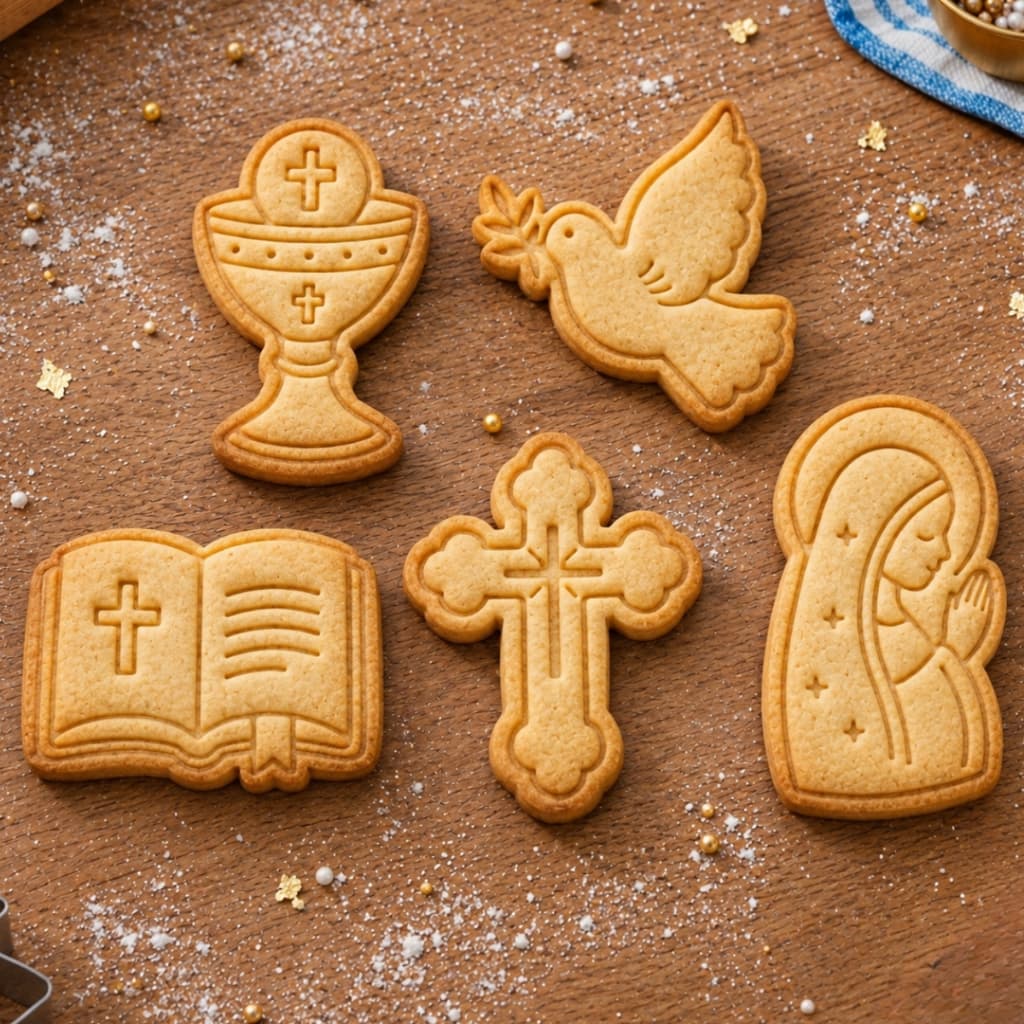 Kit 5 Cortadores de Biscoito Molde Marcador Batismo Primeira Comunhão Batizado Cruz Bíblia Maria