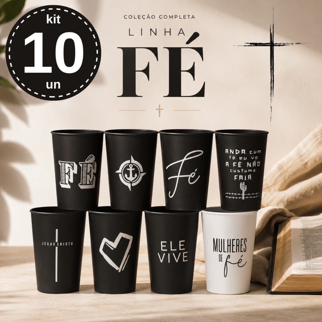Copo Linha Fé Preto 4 Estampas Kit 10 Copos Lembrancinha para Igreja, Culto e Congresso Cristão.