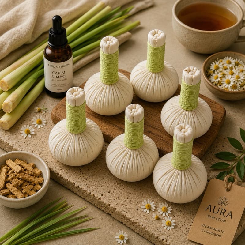 Kit 3 Pares (6 unidades) Pindas Chinesas Capim-Limão – Massagem Relaxante e Alívio de Estresse - Aura Bem-Estar