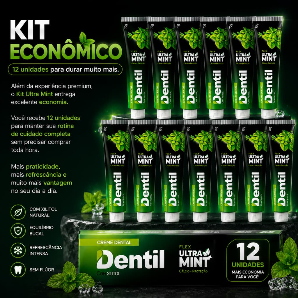12 unidades Creme Dental Dentil Ultra Mint Sem Flúor Com Xilitol Hálito Fresco 70g Original