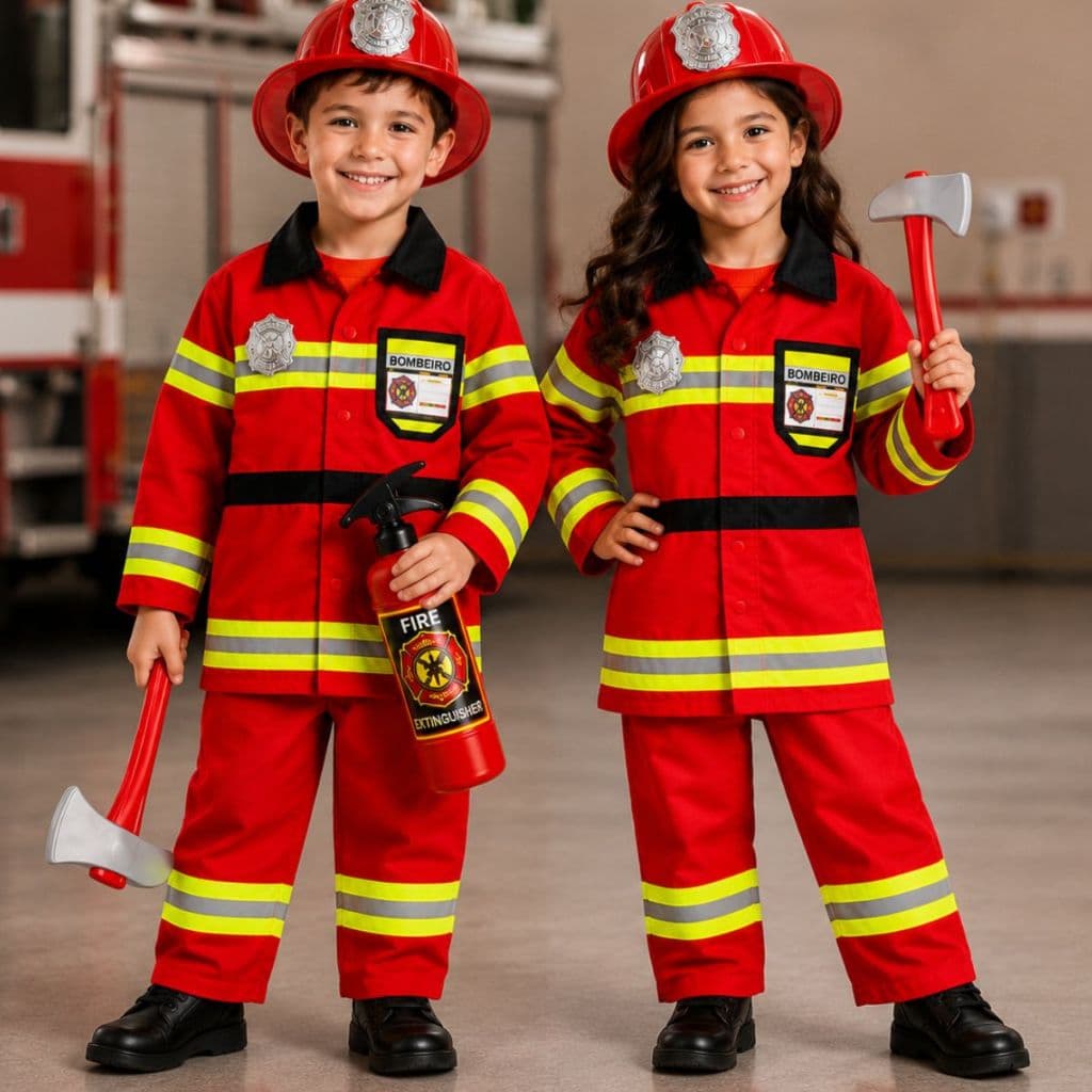 Kit Fantasia de Bombeiro Presente Criança Menino Menina Conjunto Cosplay Festa Profissão Infantil