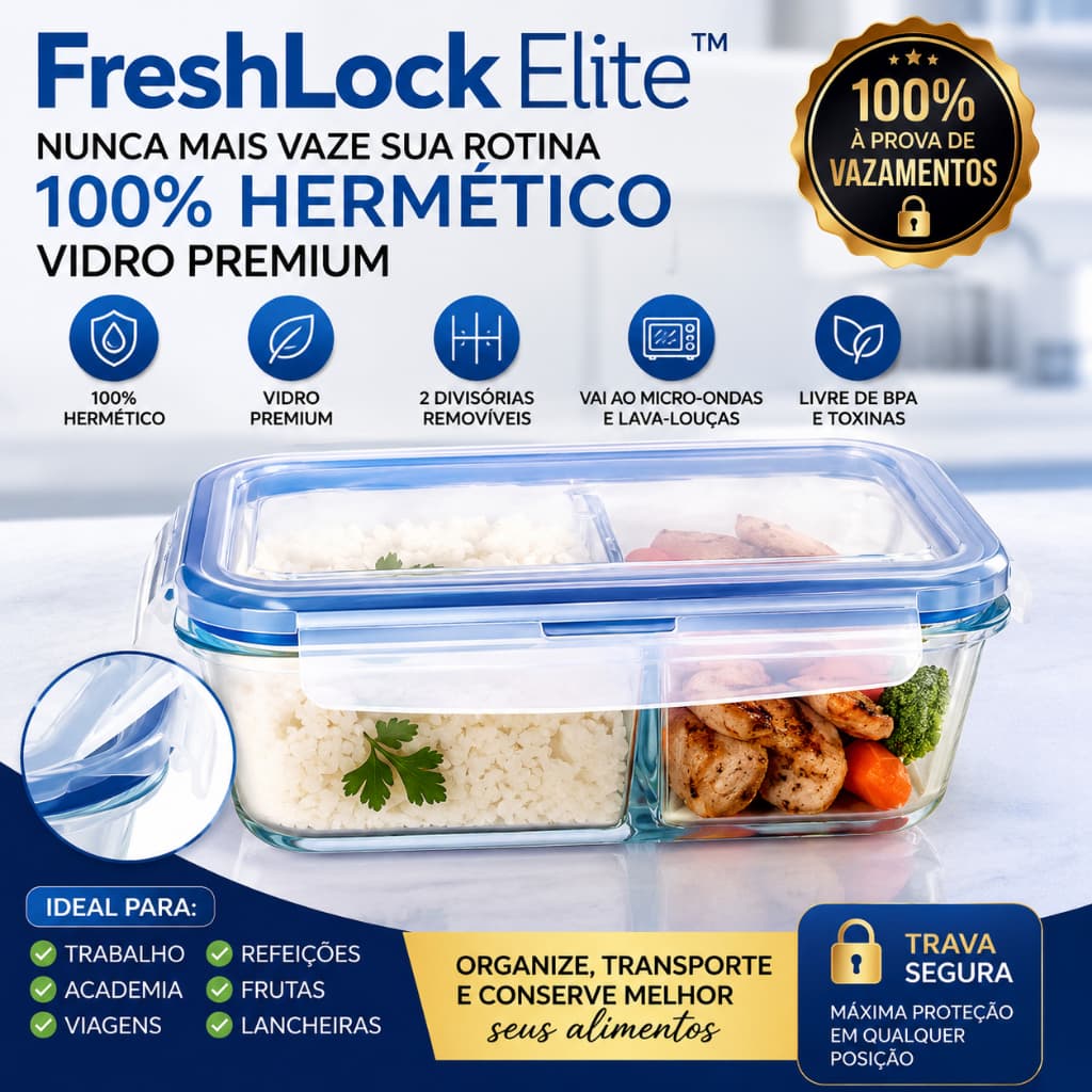 Pote Hermético de Vidro com Divisórias FreshLock Elite | Marmita Premium Anti Vazamento 100% Vedada para Alimentos