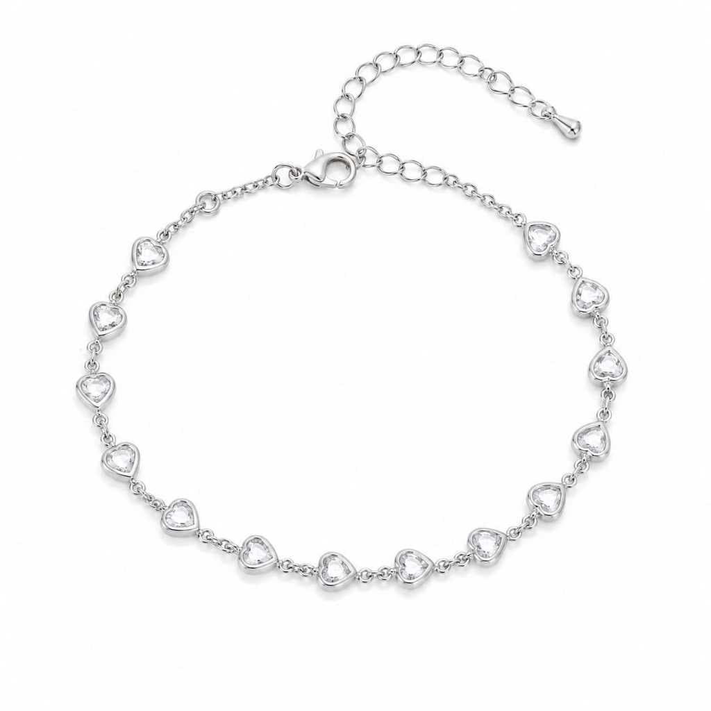 Pulseira Zircônia Coração Pedrinhas Luxo Delicada Brilhante Aço Inox Feminina  Riviera Ajustável