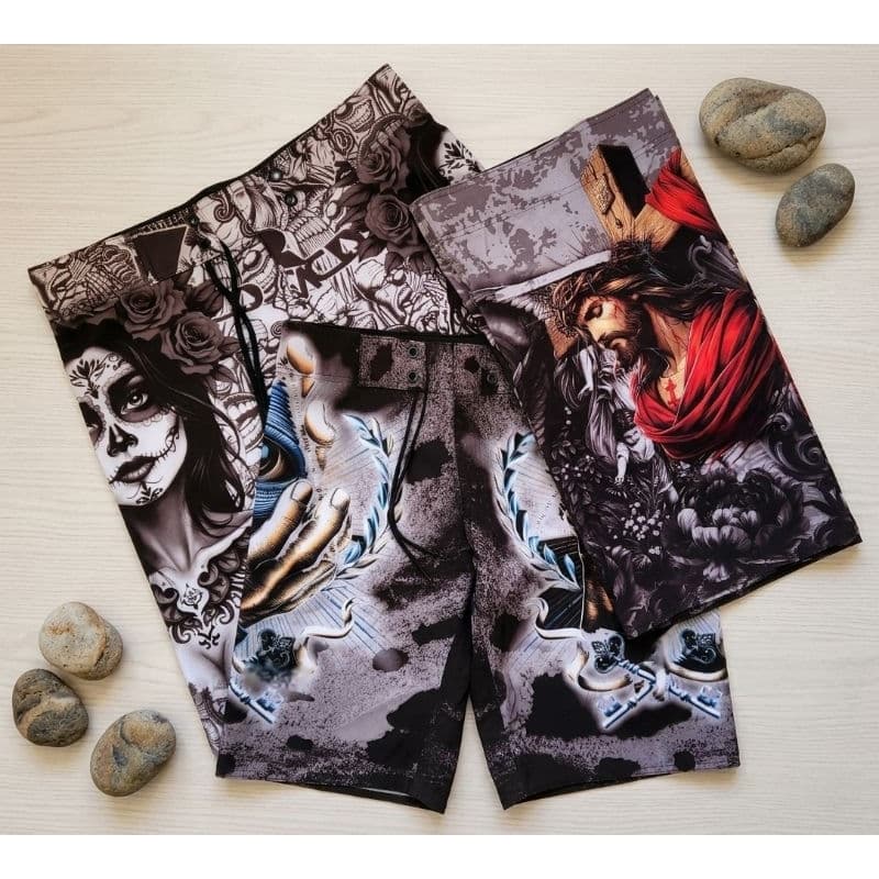 3 Bermudas Surf Masculinas em Elastano – Estampas com Desenhos Irados e Secagem ultrarrápida
