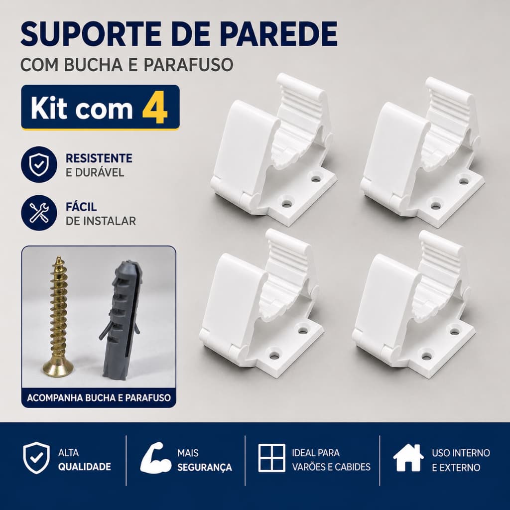 KIT com 4 Suportes de Vassoura Trava Automática Organizador de Parede Multiuso para Cabos, Rodos e Esfregões