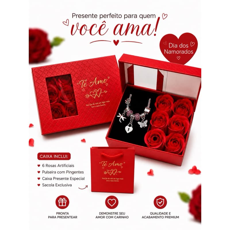 kit dia dos namorados caixa com 6 rosas artificiais e uma pulseira com pingente