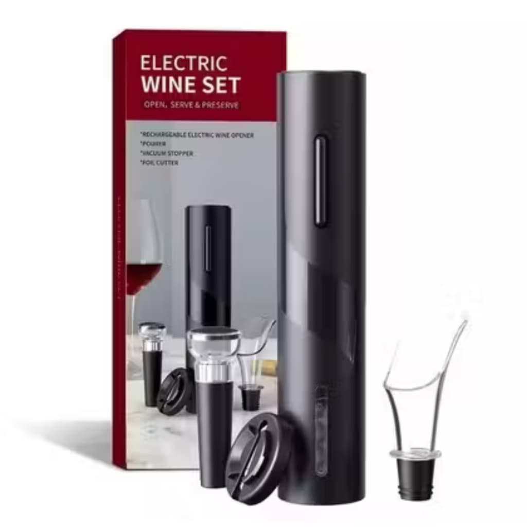 Conjunto Abridor de Vinho Elétrico Recarregável USB Kit Complete 4 em 1 - Saca Rolhas Automático