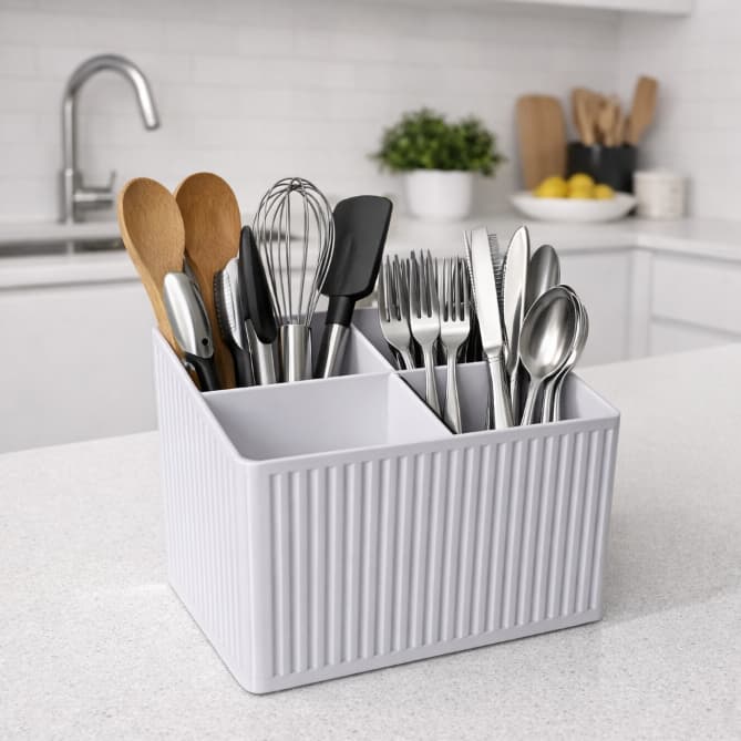 Porta Talheres com 4 Divisórias - Branco Ripado Minimalista Moderno