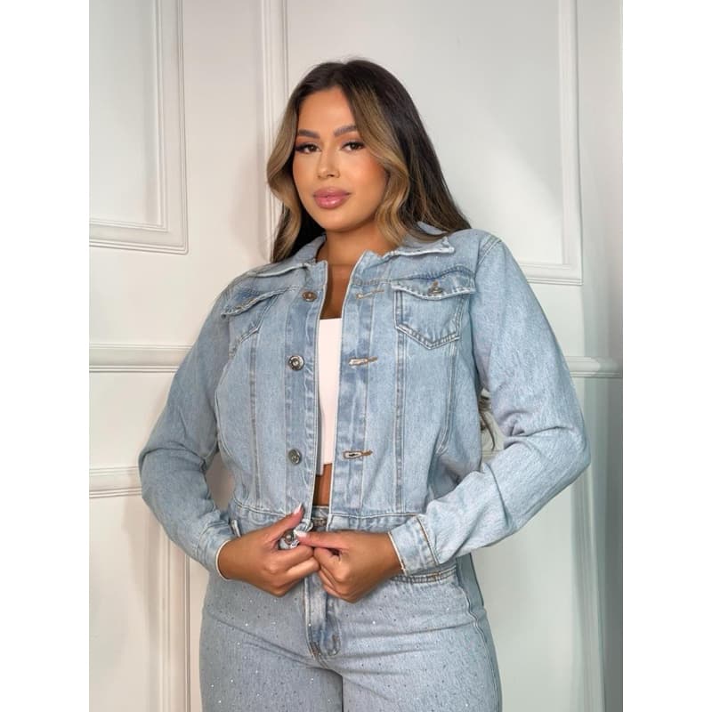 Jaqueta Feminina Jeans com Brilho Clássica Confortável