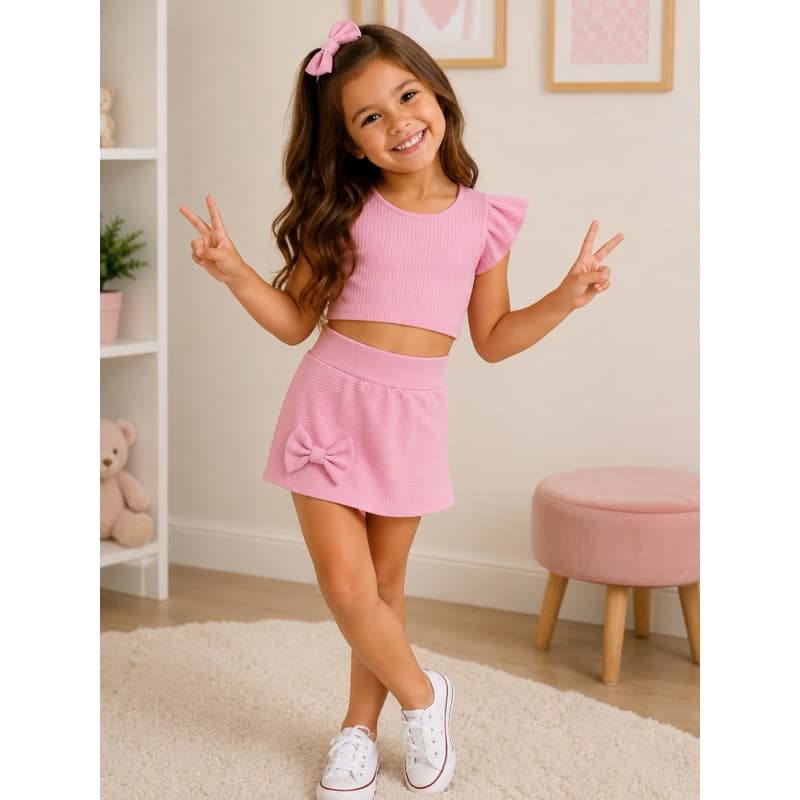 conjunto Blusa fluflu + short saia + laço