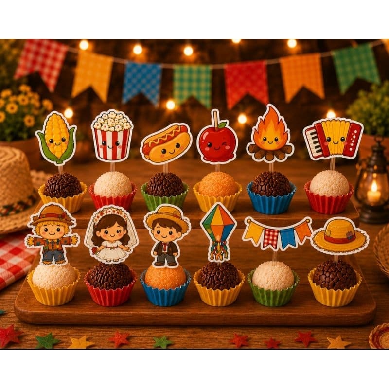 Kit 30 Tags Festa Junina para Doces | Topper São João para Brigadeiro Cupcake Decoração Arraiá Infantil