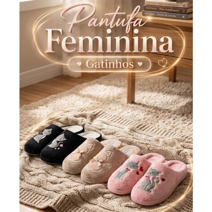 Pantufa Feminina Gatinhos Original Solado Borracha Antiderrapante Lã Macia Premium Conforto Top