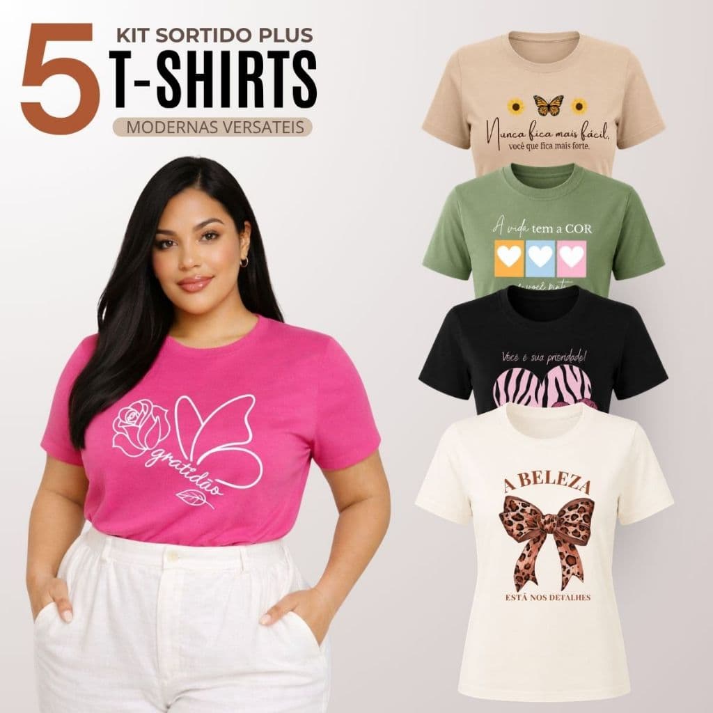 Kit 5 Camiseta Feminina Plus Size Manga Curta Gola Redonda Básica Casual