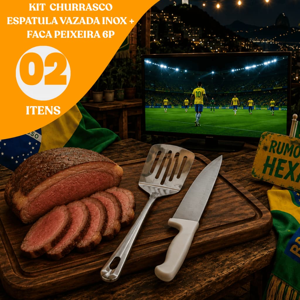 Kit Brasil 02/04 Espatula Vazada e Faca Peixeira 6 Polegadas Churrasco Profissional Copa do Mundo