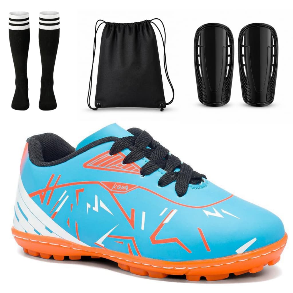 Kit Chuteira Infantil Masculino Campo Society Meião Mochila Caneleira Antiderrapante Confortável