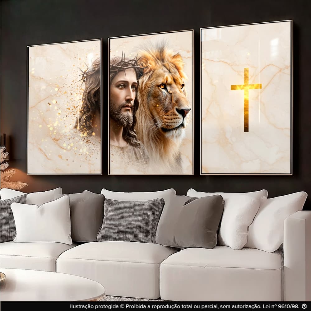 Quadros Decorativos Trio Marmorizado Religioso Jesus Cristo Leão de Judá Moderno