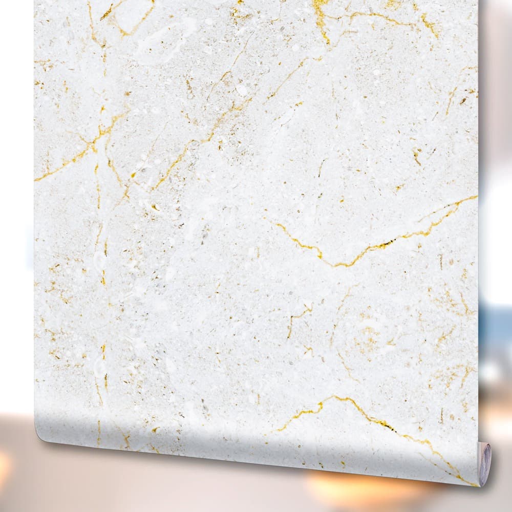 Papel de Parede Adesivo Pedra Mármore Branco Dourado Lavável Autocolante Premium
