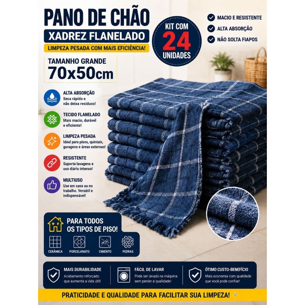 Kit 24 Panos de chão xadrez Grosso Extra Grande flanelado 70x50cm 100% Algodão