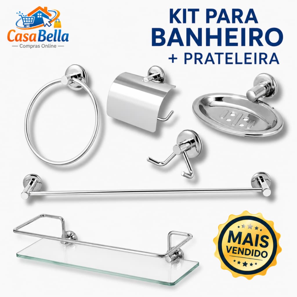 kit 5  acessórios para banheiro  aluminio + porta shampoo reto de vidro