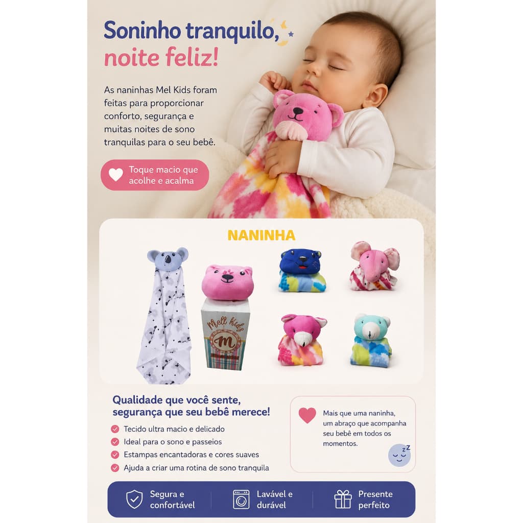 Naninha com Prendedor Chupeta Bebê antialérgicoPaninho de domir.Naninha menino e menina com ursinhos