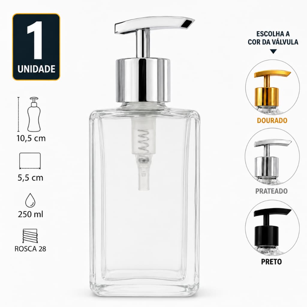 Saboneteira Vidro 250ml Square Porta Sabonete Líquido Álcool Gel Banheiro Lavabo Válvula Pump Luxo