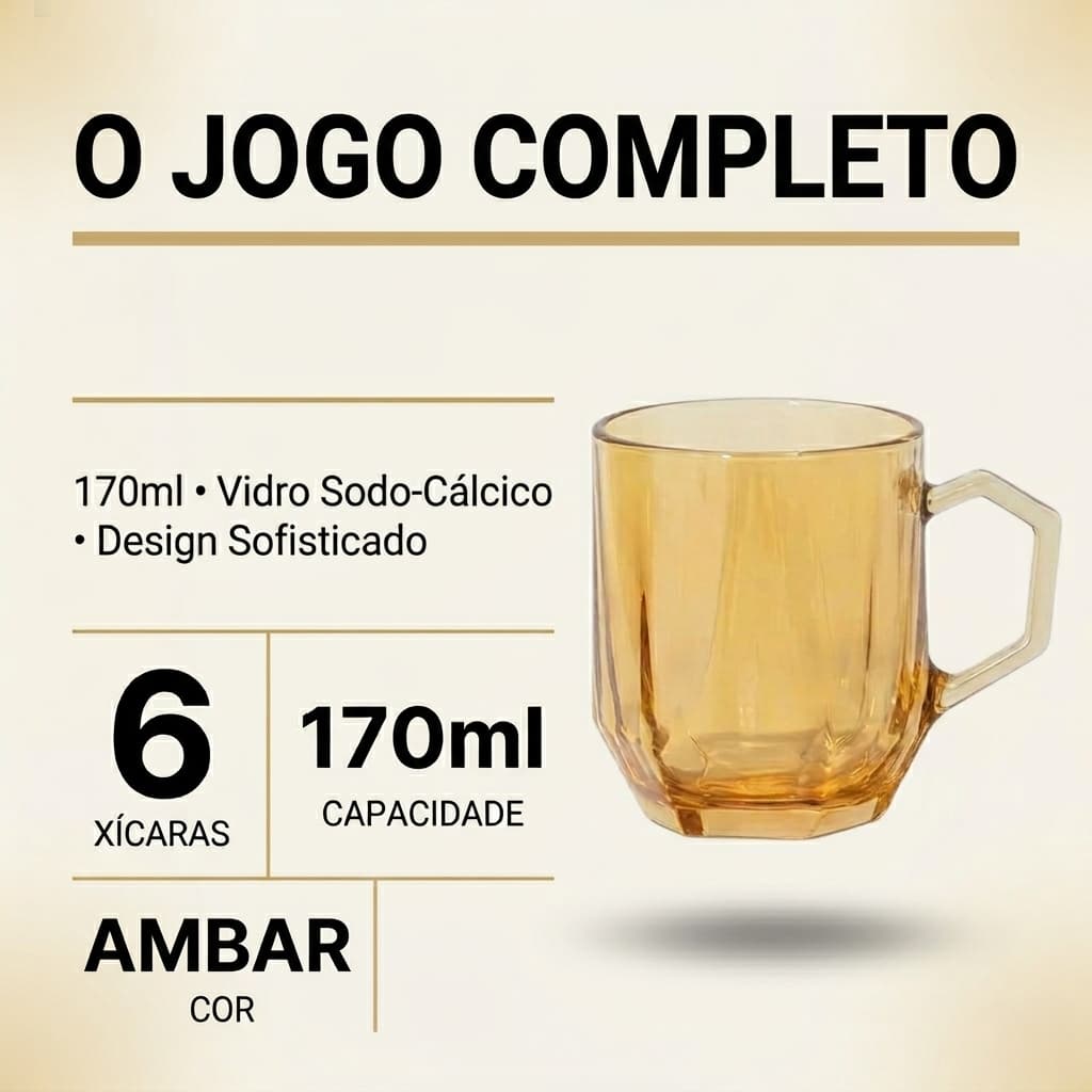 Jogo De Xícaras Café Vidro Dourado 6 Peças Premium 170ml Kit Canecas Chá Elegante