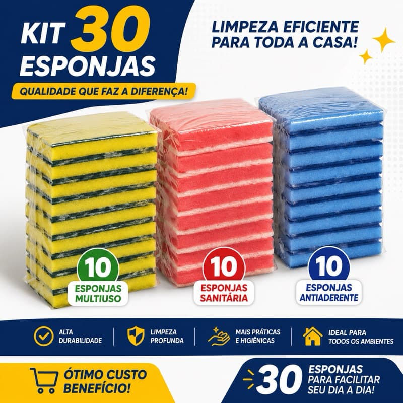 Kit 30 Esponjas Multiuso + Sanitária + Antiaderente Limpeza Pesada Cozinha Banheiro Atacado