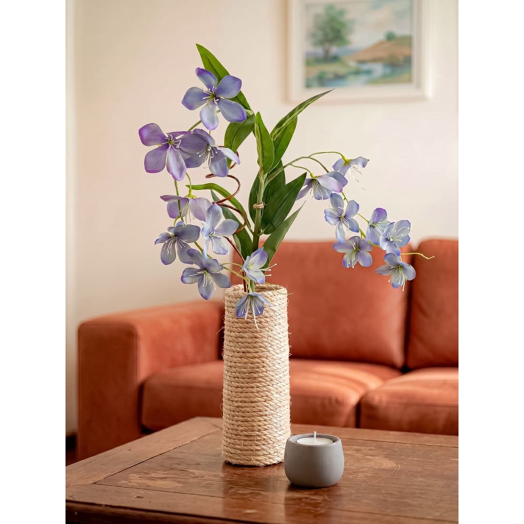 Arranjo De Orquídea Artificial E Vaso Vidro Com Corda Sisal 60cm Decoração Boho Chic Sala Aparador E Escritório