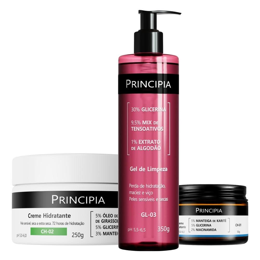 Principia Kit Trio Peles Secas c/ Gel De Limpeza GL-03 + Creme Hidratante CH-01 + Creme Hidratante CH-02