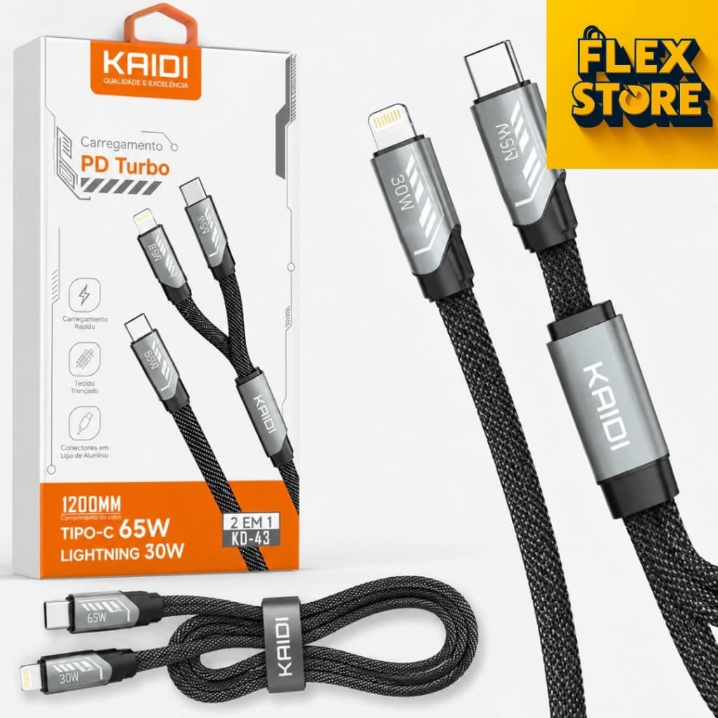 Cabo Turbo Kaidi KD-43 2 em 1 Tipo-C + Lightning PD 65W Carregamento Rápido iPhone Android 1,2m Original