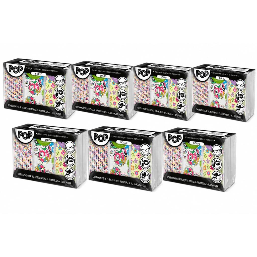 kit com 7 pacotes Lenço de Papel Pop Bolso 6 Pacotes com 15 Lenços Folha Dupla 20,5cm x 20,5cm Cada