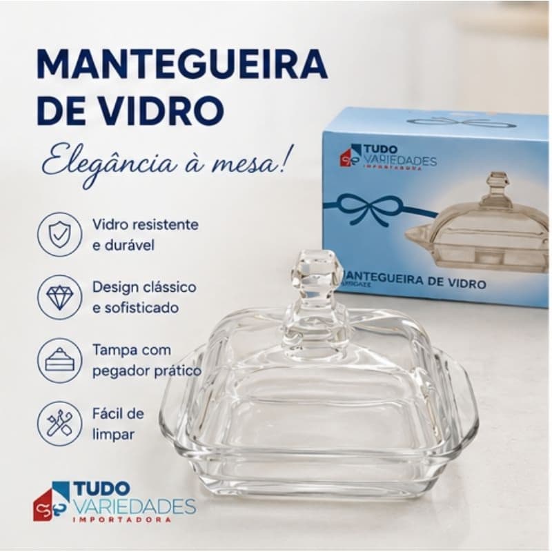 Mantegueira de Vidro com Tampa Porta Manteiga Elegante Mesa Posta Cozinha Luxo