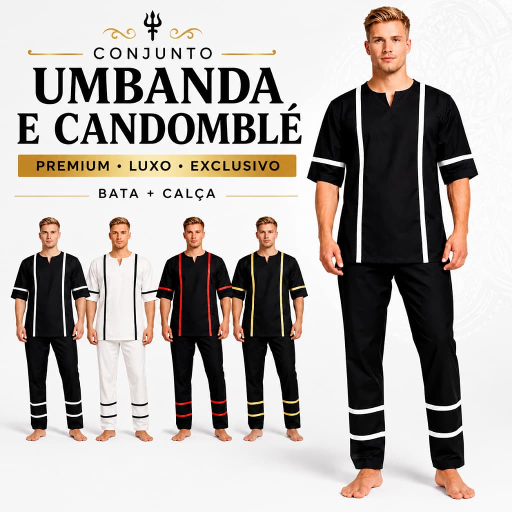 Conjunto Umbanda e Candomble Premium – Bata + Calça Unissex - Roupa Trabalhada Entremeio Luxo FULL