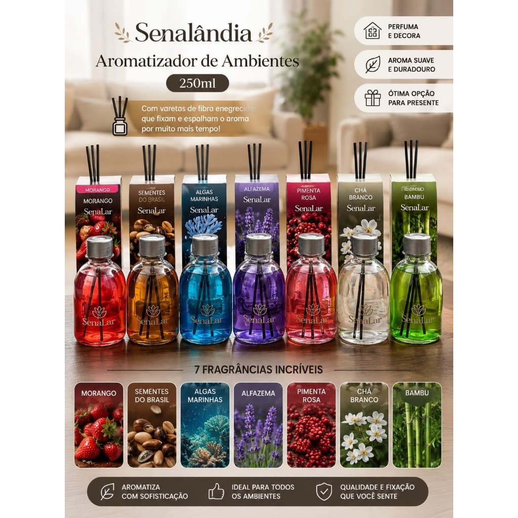 Aromatizador de Ambientes Senalândia 250ml com Varetas de Fibra | Perfume Duradouro para Casa e Escritório