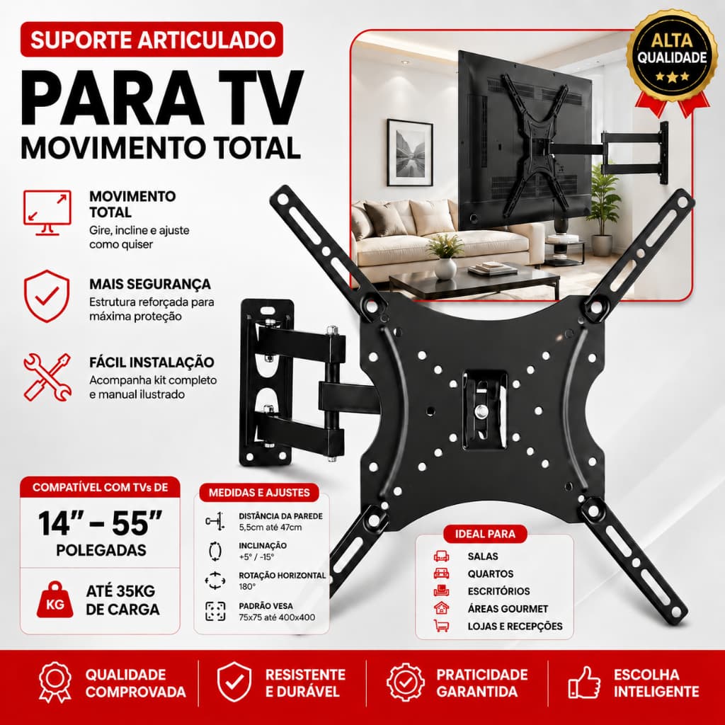 Suporte Para TV Parede Articulado Premium Giro Inclinação Até 35kg