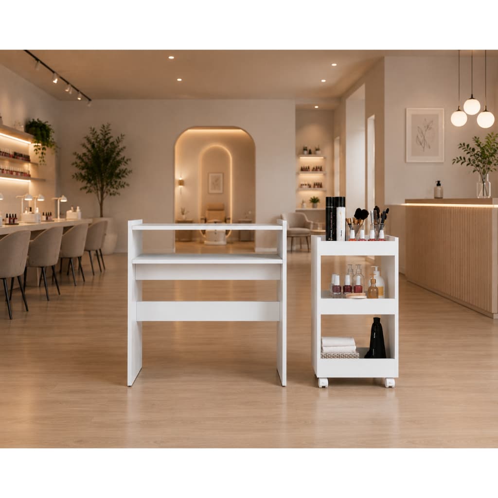 Kit Mesa para Manicure com Carrinho Auxiliar, Espaço para Estufa e Esmaltes Moderno