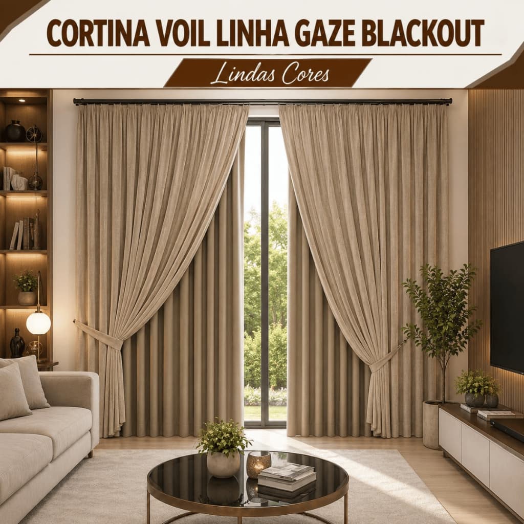 Cortina Gaze De Linho Voil Com Forro Blackout Blecaute Para Sala Quarto Luxo 6,00m Largura