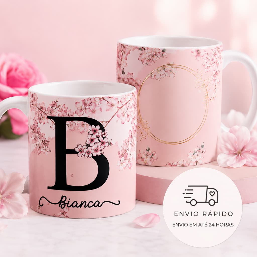 Caneca Personalizada Cerejeira com Nome Foto e Letra Inicial Presente Criativo floral Feminino Delicado Dia dos Namorado