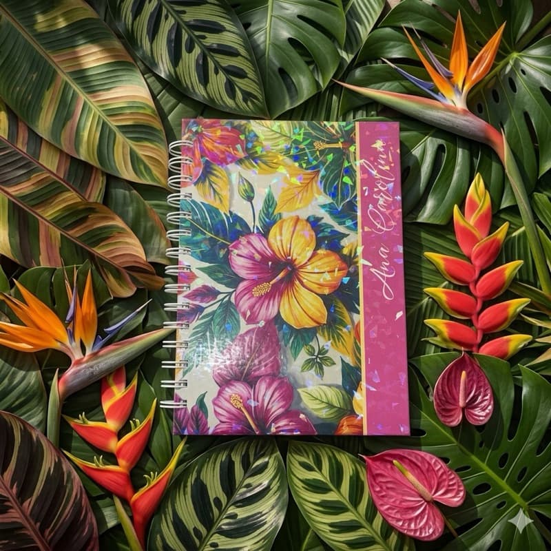 Caderno Tropical Personalizado A5 Com Nome no Chat 100 Folhas Holográfico