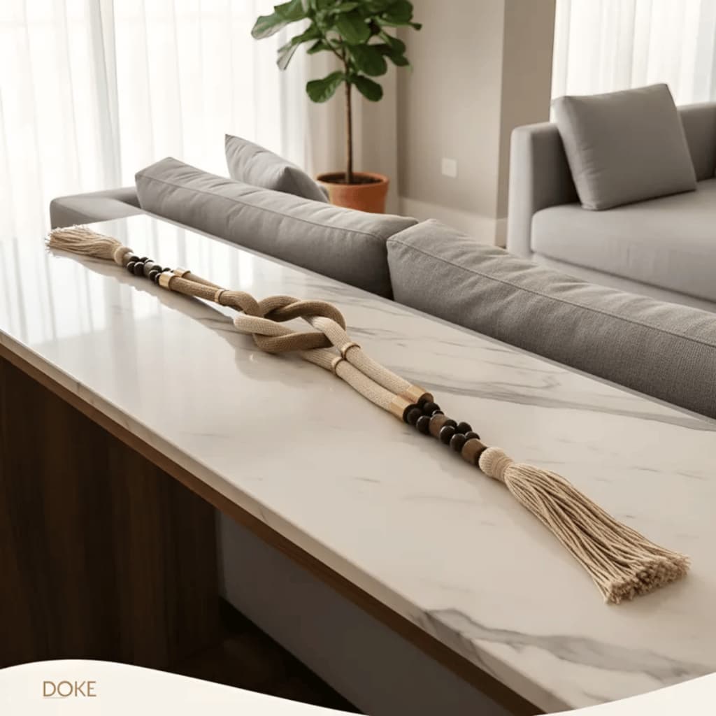 Colar De Mesa Corrente Decorativa 1metro com Corda Trançada e Madeira Elegante e Moderno Sala Jantar