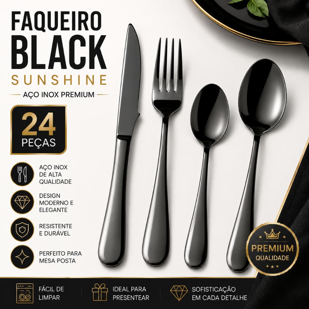 Faqueiro Talheres Aco Inox 24 Pecas Acabamento Preto Design Moderno Mesa Posta