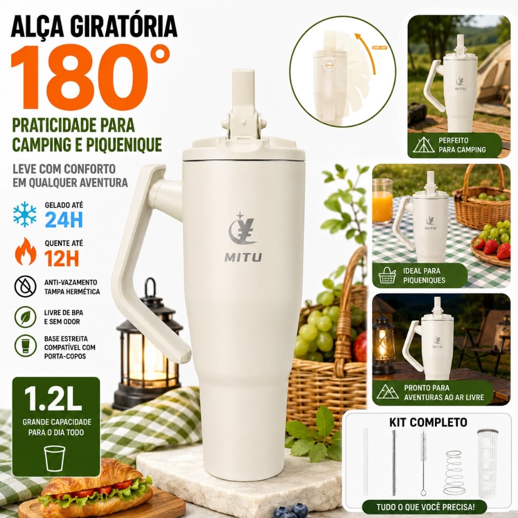 Copo Térmico Inox 1.2L Garrafa Térmica Multifuncional Grande Capacidade Conserva Quente e Frio para Camping