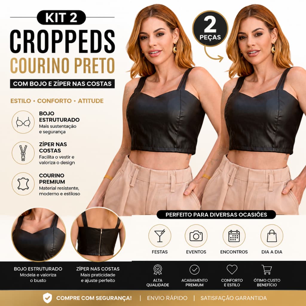 Kit 2 Cropped Feminino Preto Courino com Bojo Alça Grossa e Zíper Look Fashion