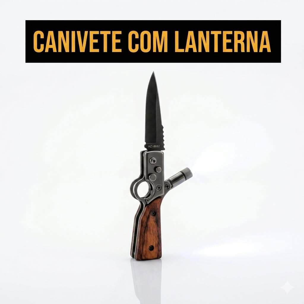 Canivete Esportivo Luxuoso Com Lanterna Saque Rápido Cabo de Madeira Aço Inox Caça Camping Pesca