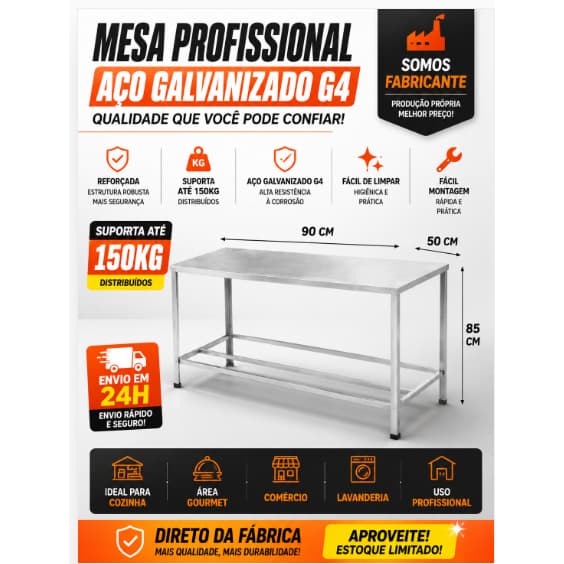 Mesa Aço Galvanizado 90x50x85 Alta Durabilidade
