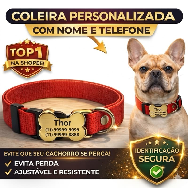 Coleira para Cachorro Personalizada com Nome e Telefone no Fecho | Identificação Pet | Ajustável e Segura P|M|G
